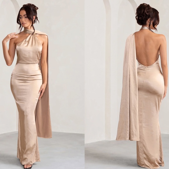 Club L London | Dresses | Mademoiselle Champagne Satin Asymmetric Scarf  Neck Backless Maxi Dress | Poshmark